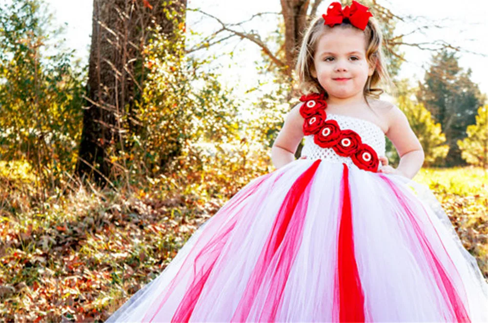 Girls Red White Tutu Dress Kids Crochet Tulle Long Ball Gown with Pearl Roses Children Birthday Party Costume Dresses | Детская одежда