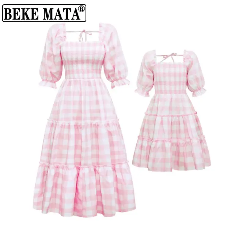 

BEKE MATA 2022 Spring Plaid Half Sleeve Mother And Daughter Matching Dresses Family Look Mom And Teen Girl Clothes Family Outfit