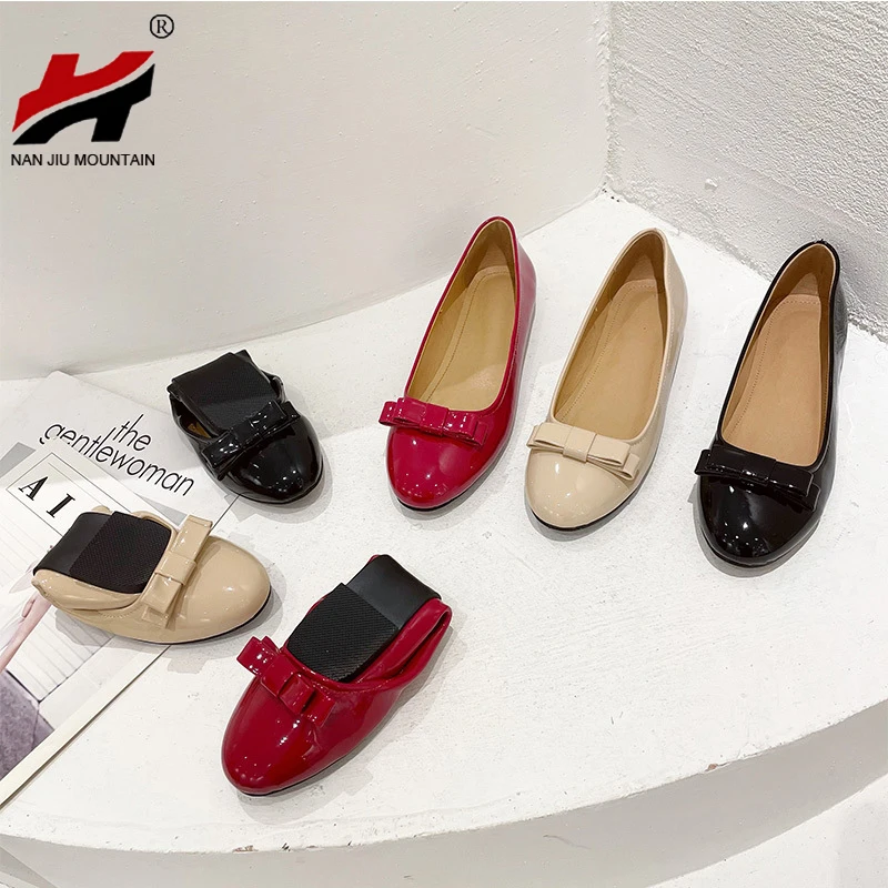 

2021 Flat Shoes Single Shoes Simple Solid Color Woman Shoes Bow Patent Leather Comfortable Sole Plus Size 43