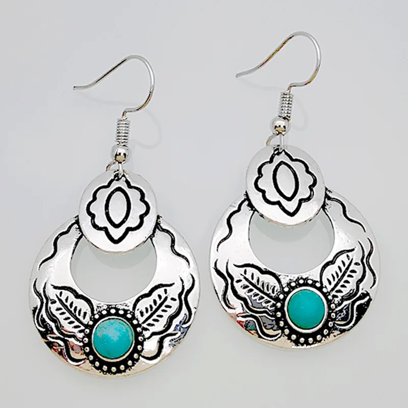 Tisonliz Винтажные висячие серьги с серебряными цветами и зеленым камнем для женщин