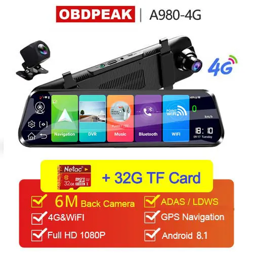 A980- 32G Card Android 8,1 Автомобильный видеорегистратор Камера 4G ADAS 10 дюймов поток медиа зеркало заднего вида 1080P WiFi gps видеорегистратор регистратор видео dvr рекордер - Название цвета: A980- 32G Card