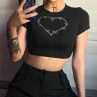 Женская футболка Y2k, летний облегающий топ с круглым вырезом и коротким рукавом, в форме сердца со стразами