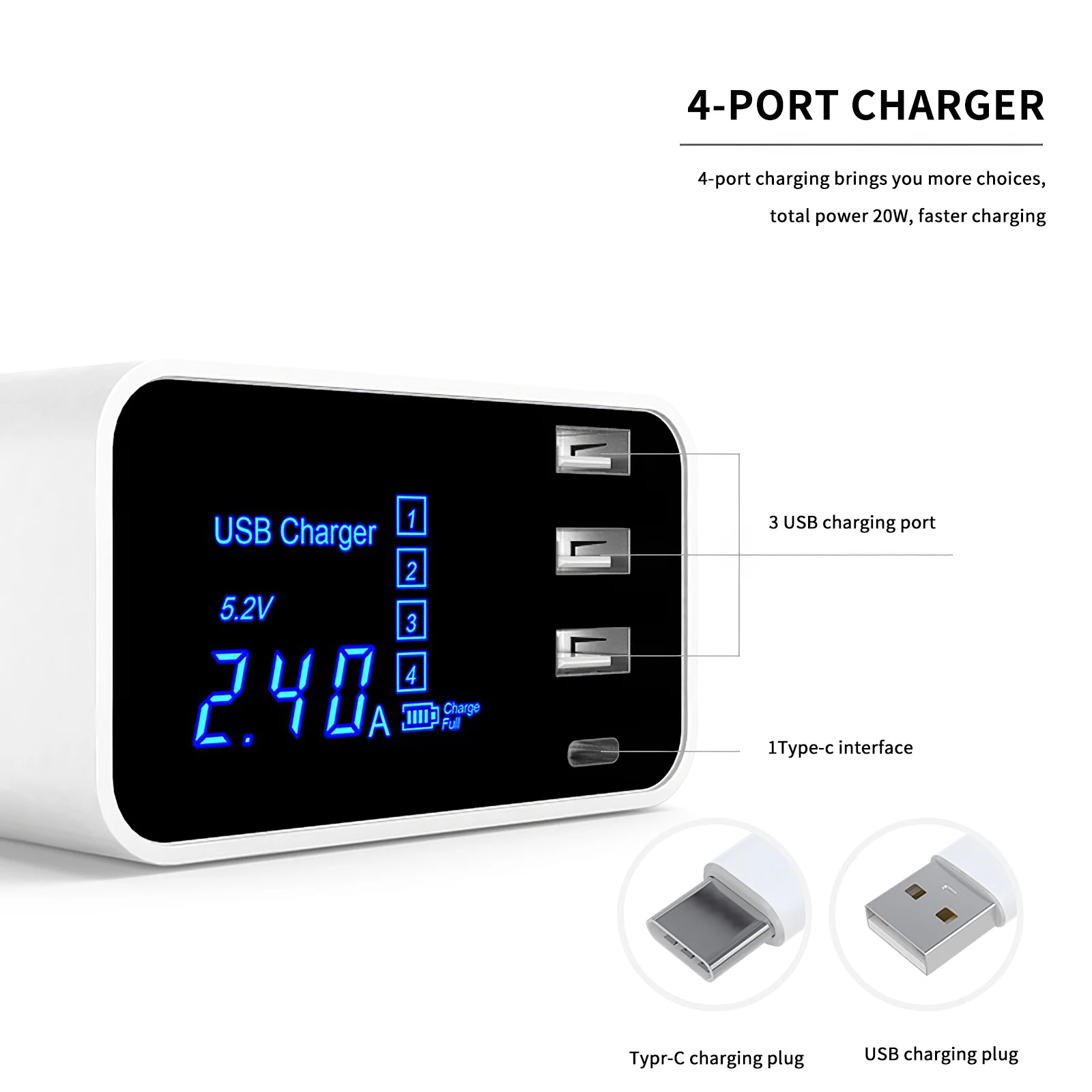

Quick Charge 3.0 4 Port USB Charger HUB LED Display Multi USB Charging Station Mobile Phone Desktop Wall USB Charging Adapter