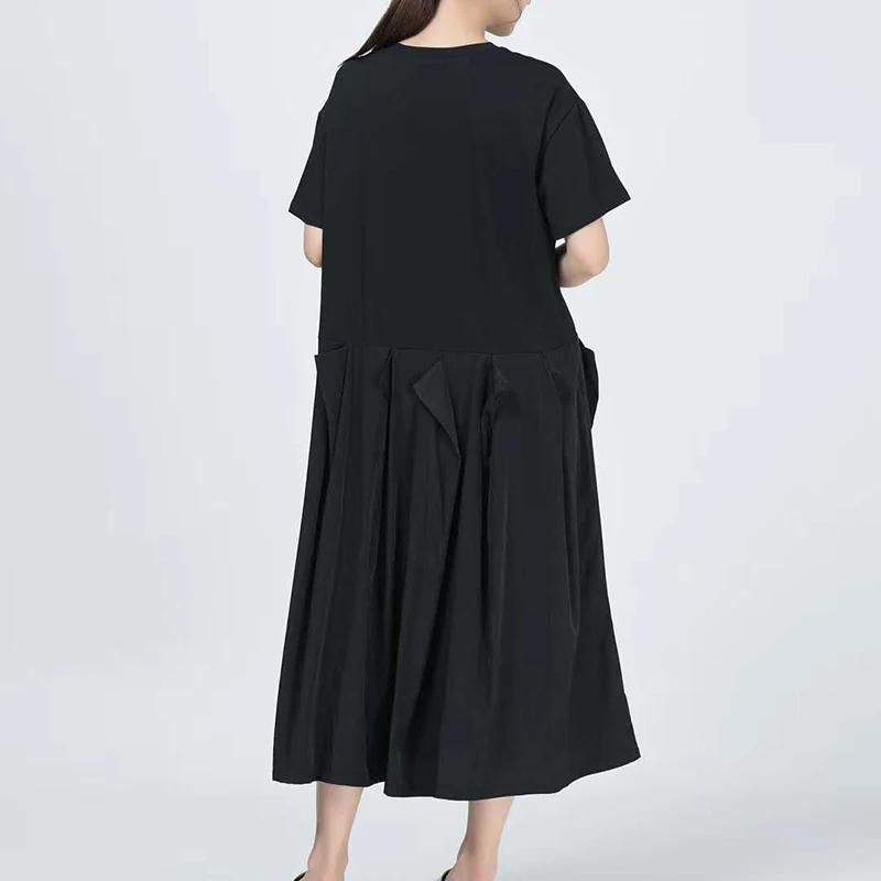 

CHICEVER Patchwork Dress Women O Neck Short Sleeve Pockets Loose Casual Hit Color Pleated Summer Dresses Female 2020 Clothes