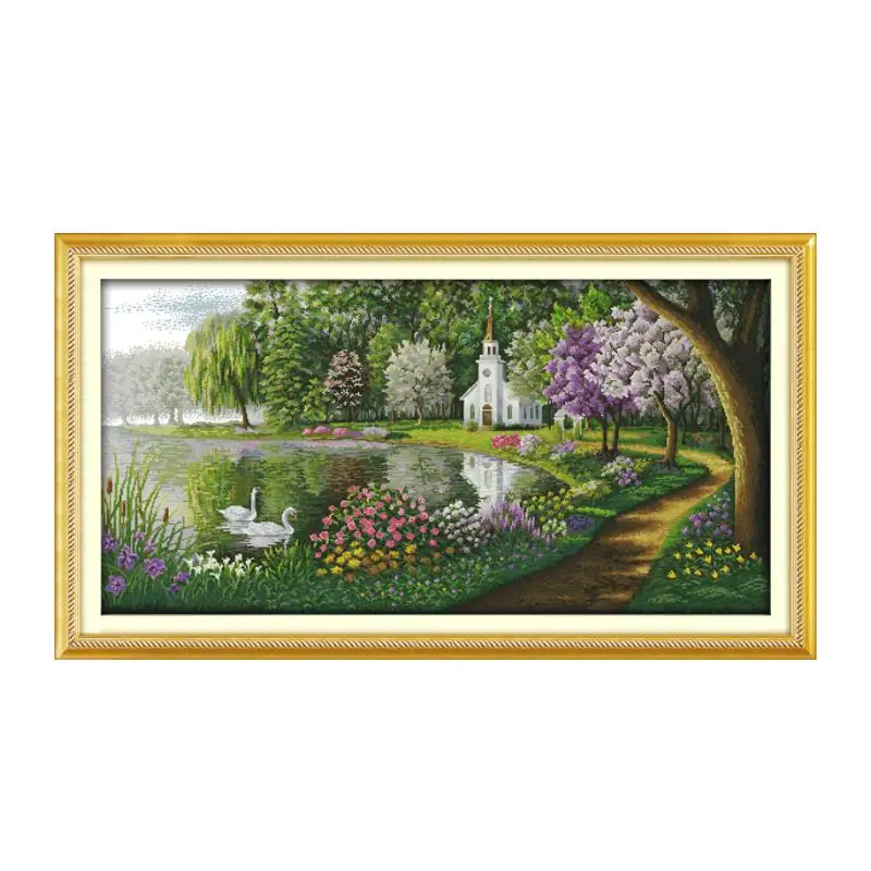 

Green lake reflected color cross stitch kit 14ct 11ct count printed canvas stitching embroidery DIY handmade needlework