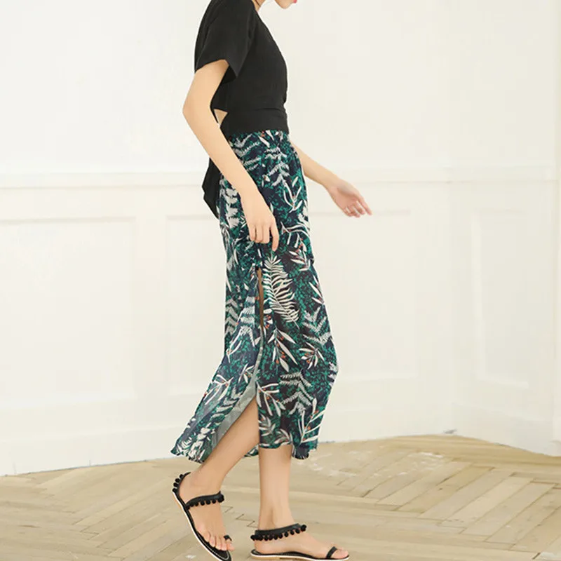 

HStar summer boho leaf print ladies skirt high waist side split straight mid-calf casual skirt elegant chiffon skirt