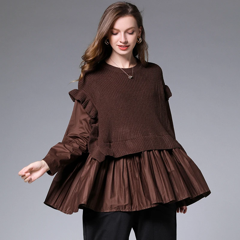 Зимний женский свободный пуловер имитация двух свитеров рубашка с рукавами