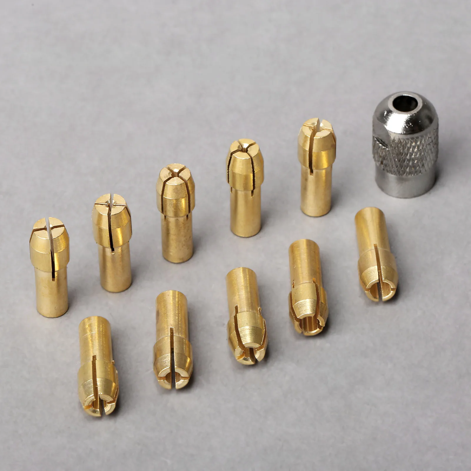 

10Pcs 0.5mm-3.2mm Rotary Tool Pin Vise Brass Collets Mini Drill Chucks 4.8mm Shank & 1Pc M8*0.75 Electric Mill Shaft Screw Cap