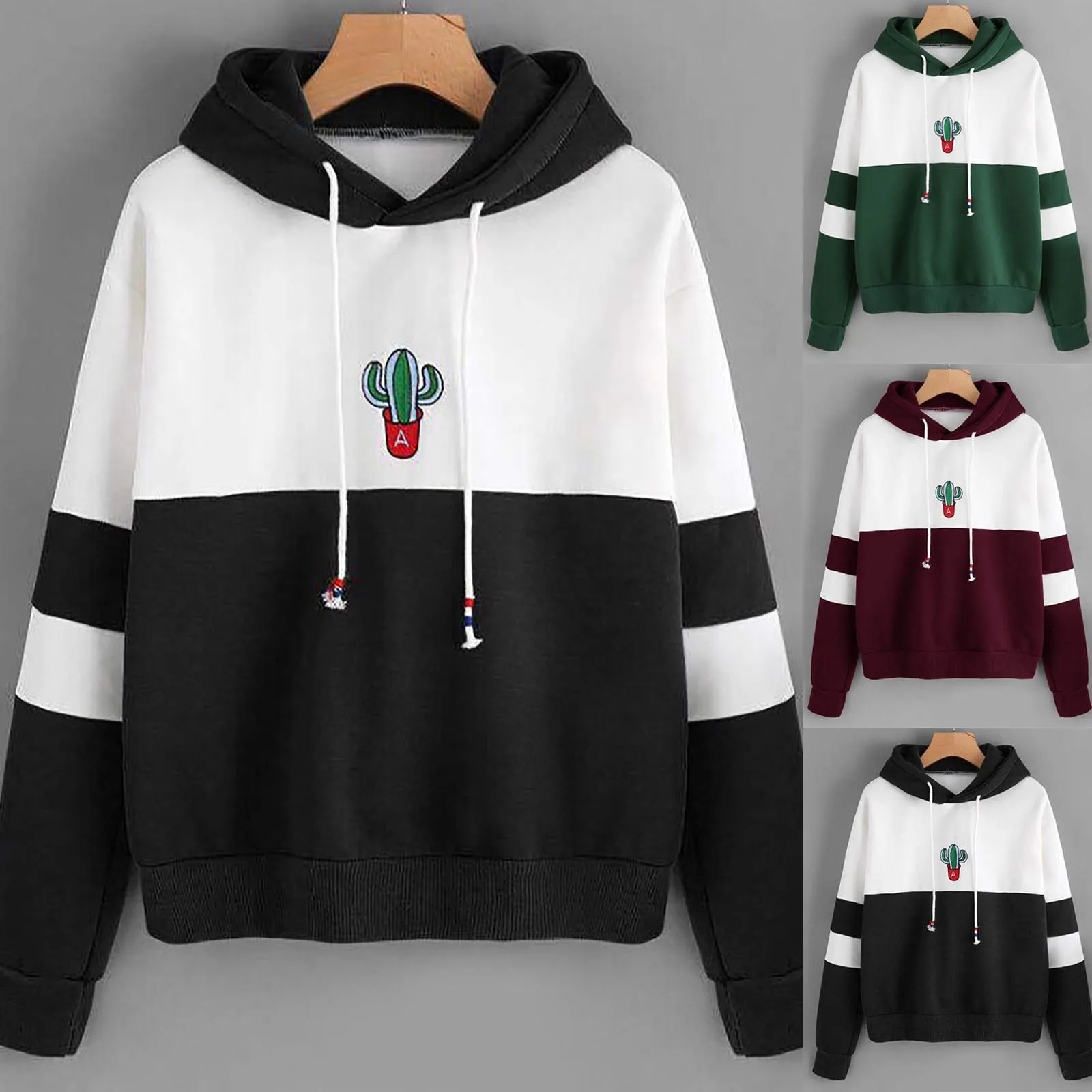 

Модные свитшоты с принтом кактуса, женские повседневные приталенные толстовки с капюшоном, винтажные свитшоты, Кофта Женская