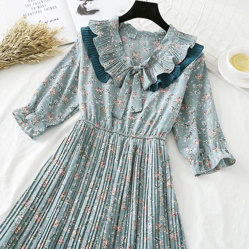 Женское винтажное шифоновое платье миди Элегантное Длинное плиссированное с