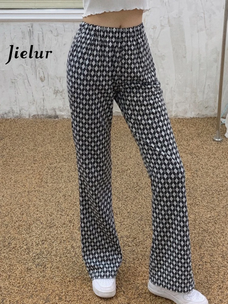 

Jielur Hip Hop Pants Women Summer Plaid Wide-leg Thin Leisure Long Pant Female Elastic High Waist Black Women's Trousers