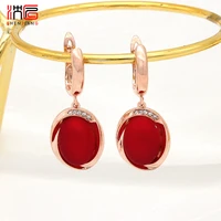 shenjiang new 585 rose gold christmas gift egg shape oval simulated red pearl dangle earrings for women wedding zircon jewelry