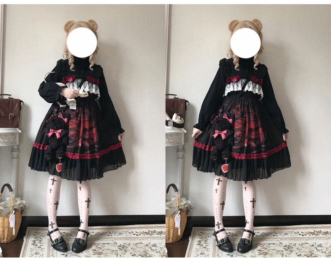 

Gothic palace sweet princess lolita dress vintage falbala high waist cute printing victorian strap dress kawaii girl cos loli