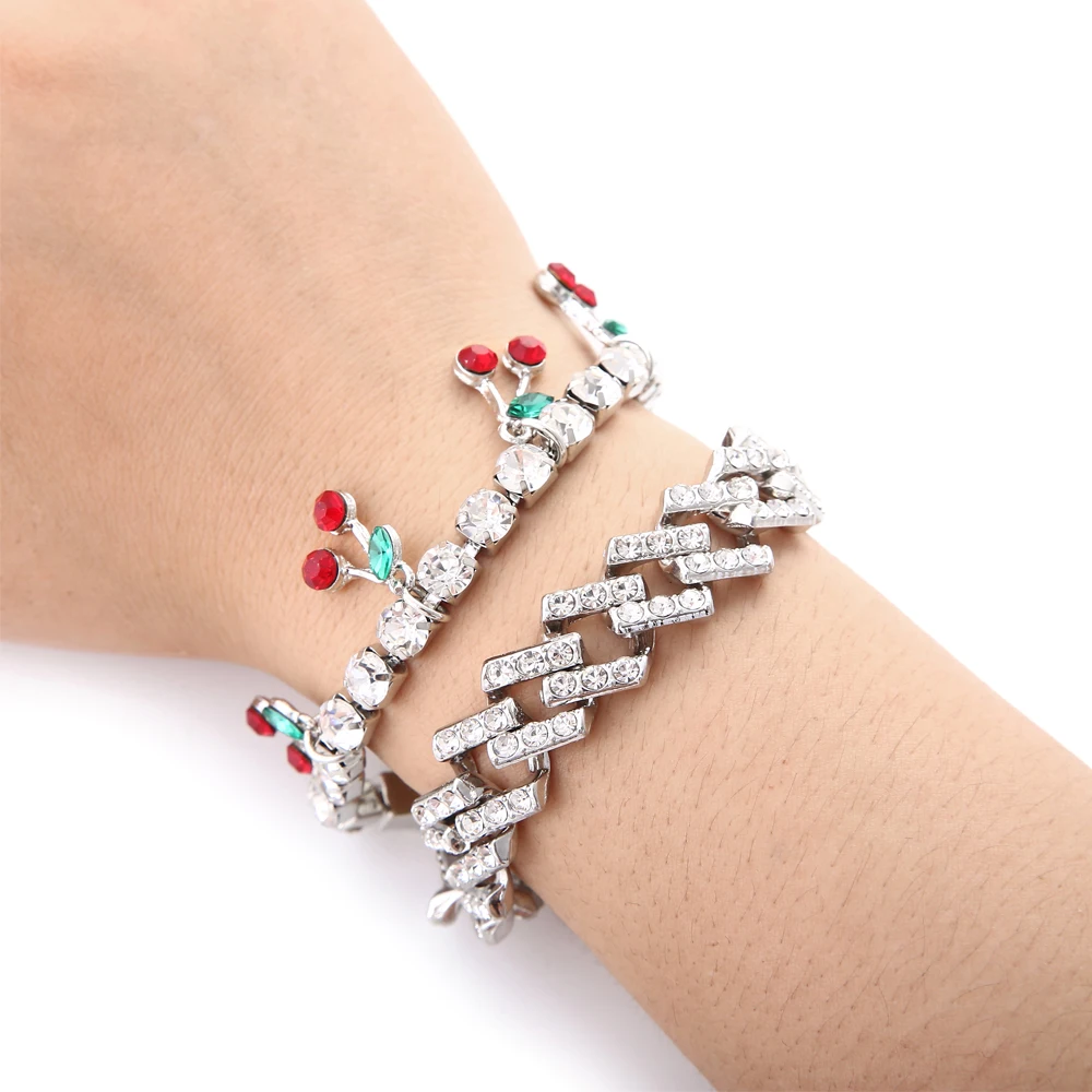 

Cuban Link chain Bracelet set Rhinestone Cherry Bracelets for Women Luxury wrist chains Fashion Crystal 2pcs/set