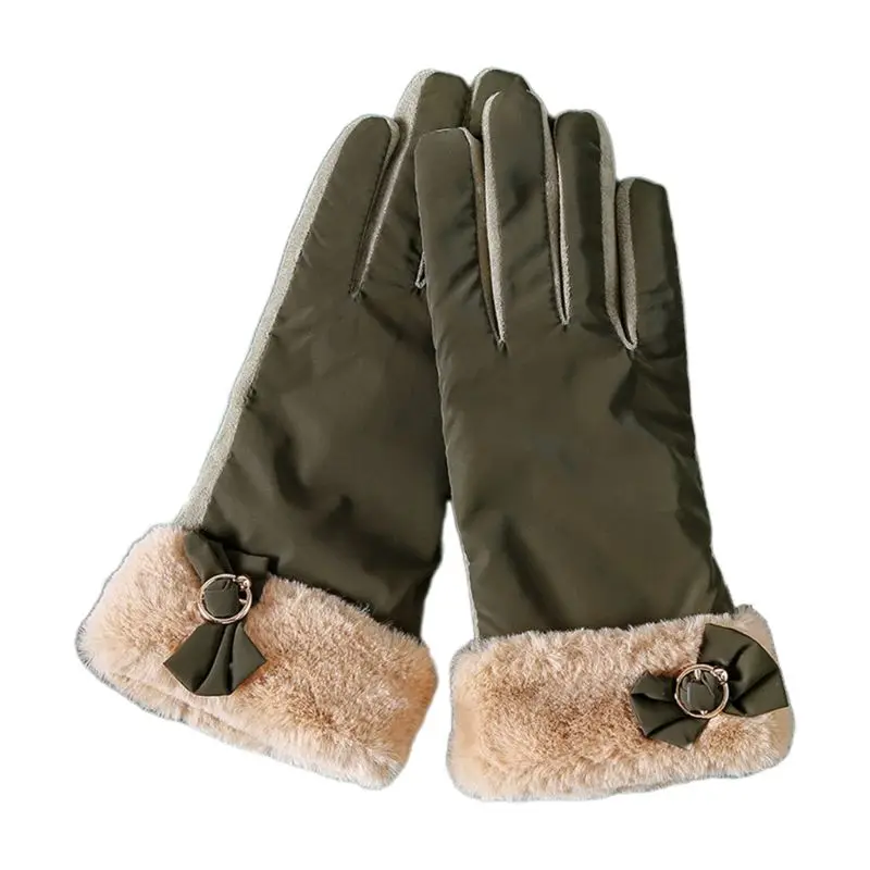 

Womens Winter Thickened Plush Touch Screen Gloves with O-Ring Bowknot Suede Thermal Mittens Driving Outdoor Ski Wrist Warmer