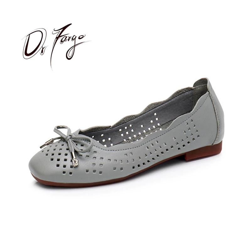

DRFARGO Women Ballet Flats Summer Spring cutout holes breathable Genuine Leather OL Lady working shoes plus big size 35-43 8098