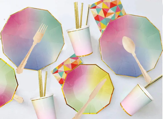 80 шт тарелки пастельные радужные с золотыми обеденными тарелками посуда