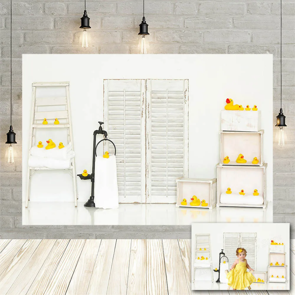 

Avezano Baby Shower Backdrop Interior White Wall Wood Door Ducks Newborn Milk Bath Photography Background For Photo Studio Props