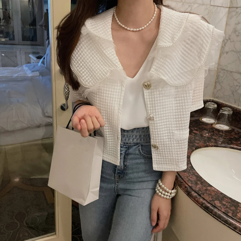 

New 2021 Women Summer Blouses Shirts Vintage Korean Style Elegant Peter Pan Collar Fashionable Wild Pink Tops