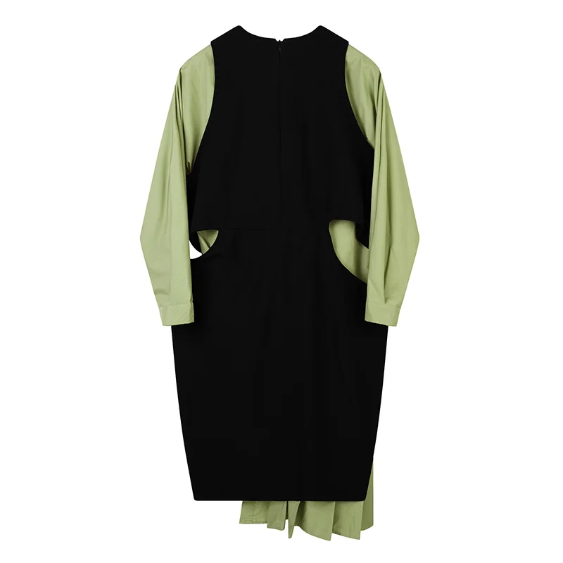 

Autumn Full Color Contrast Fake Two-piece Set Loose Long Asymmetrical Straight Casual Mid-Calf O-Neck Dress for Women U827