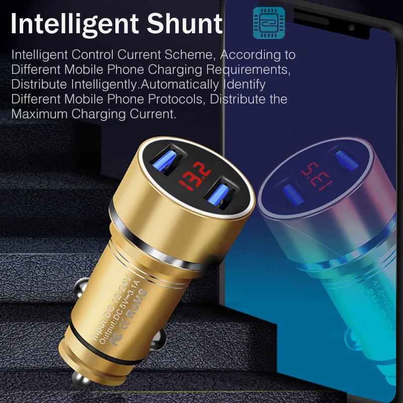 YKZ 3.1A Mini Dual USB Автомобильное зарядное устройство со светодиодным дисплеем Быстрая