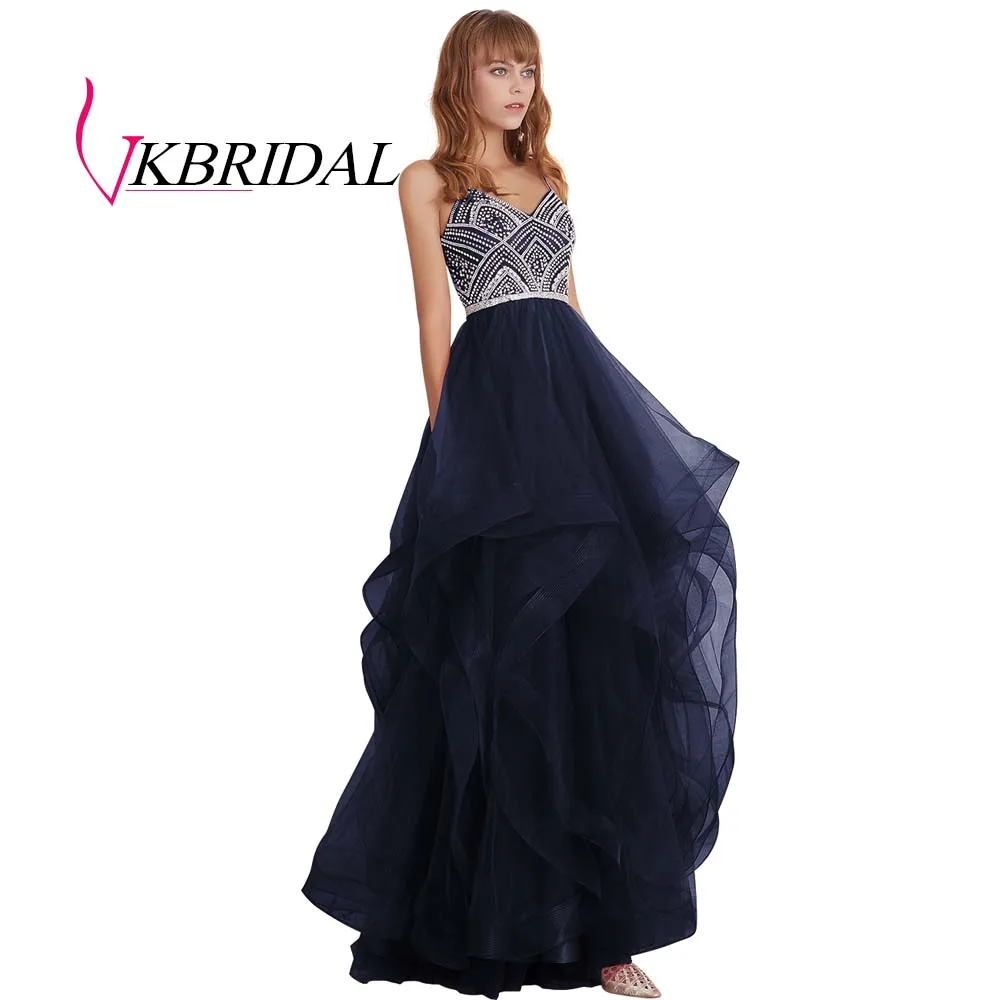 VKBRIDAL красные многоуровневые тюлевые платья для выпускного вечера новые Бальные платья с бисером и кристаллами официальное длинное вечернее платье - Цвет: Тёмно-синий