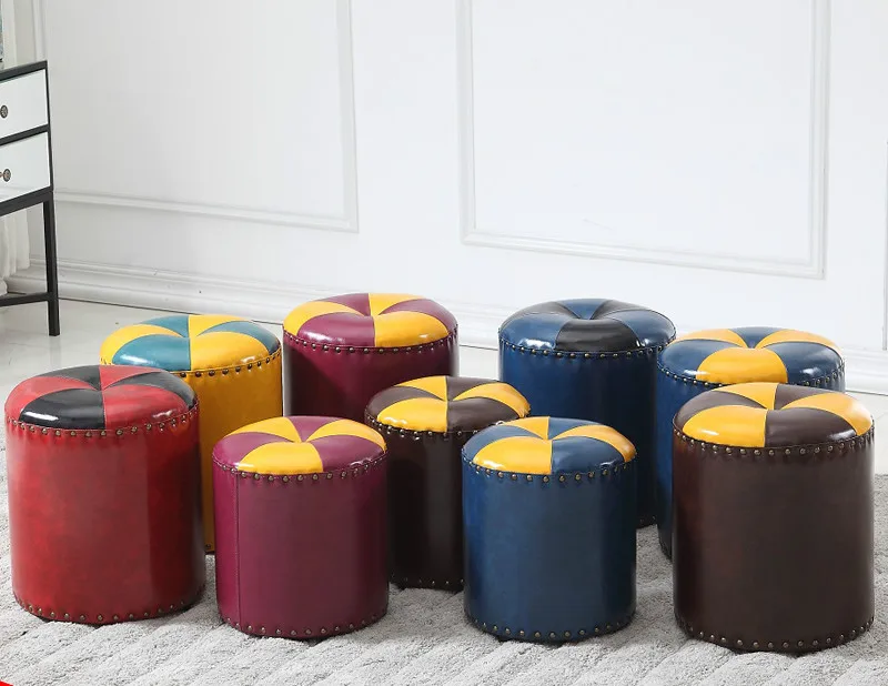 Роскошный кожаный диван круглый табурет американская гостиная примерочная