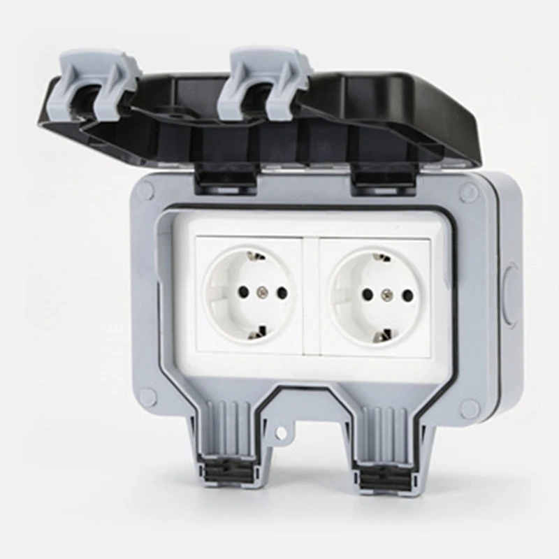 

Outdoor Socket ABS Ip66 Waterproof Case EU Plug Wall Power Socket Box Double Charging Port For Garden Workshop Home