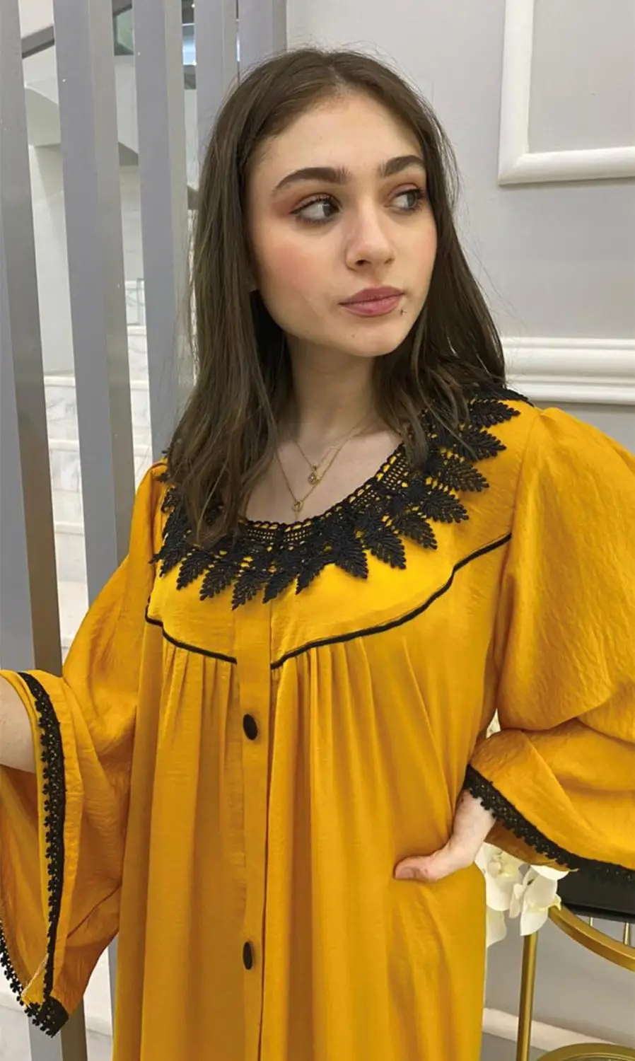 

Muslim Abaya Lace Collar Arabic Dress Jalabiya Hijab Vestidos Cardigan Kimono Long Robe Gowns Eid Ramadan Islamic Vetement Femme