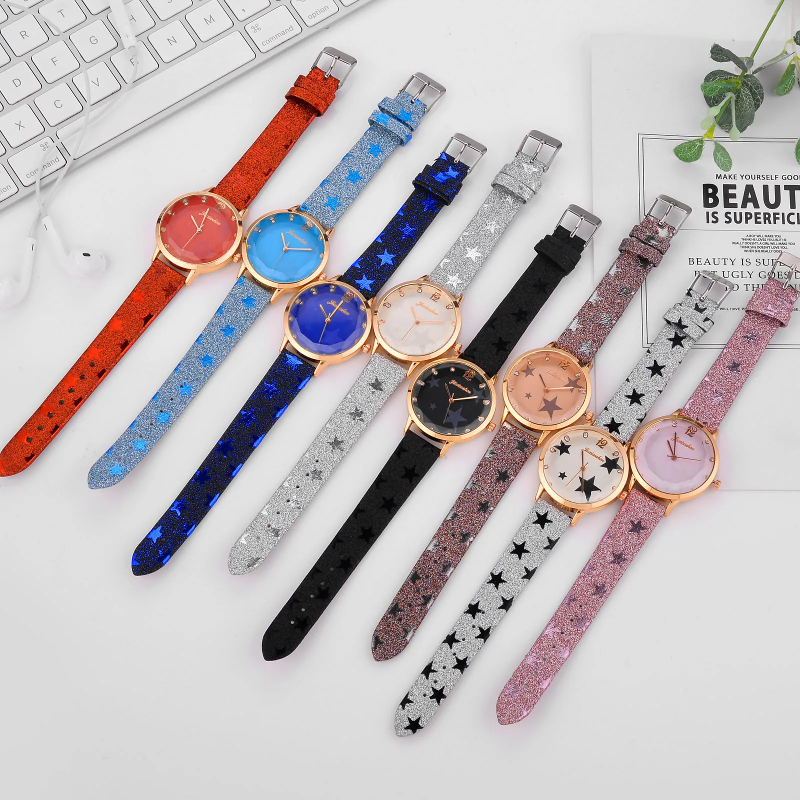 

Women quartz Watches Rhinestone Romantic Starry Sky Luminous Wrist Watch Girls Leather electronic Dial Watch Clock with star