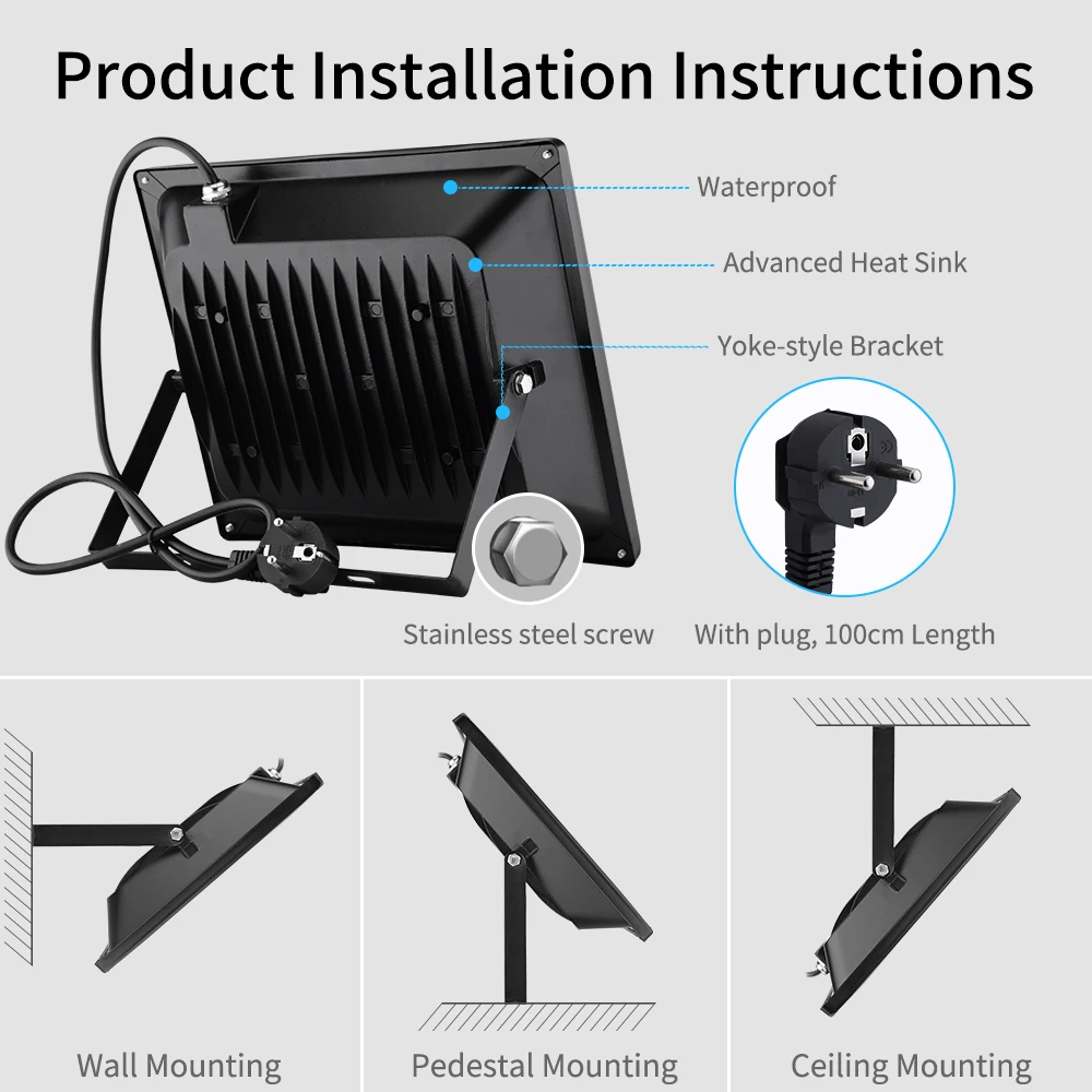 Светодиодный прожектор SMD2835 100 Вт с вилкой европейского стандарта теплый белый 8000