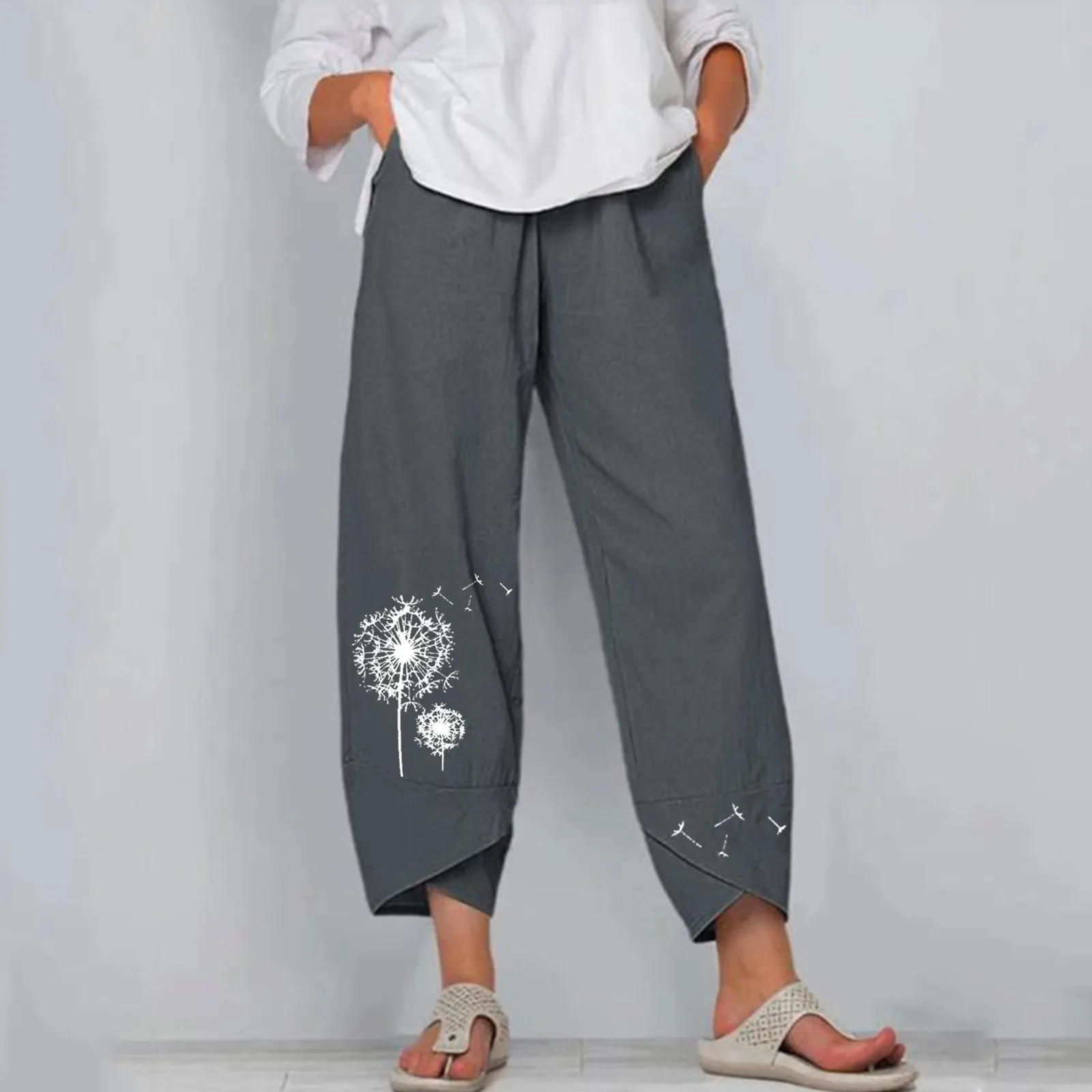 

Women's summer casual loose cotton and linen embroidered wide-leg pants