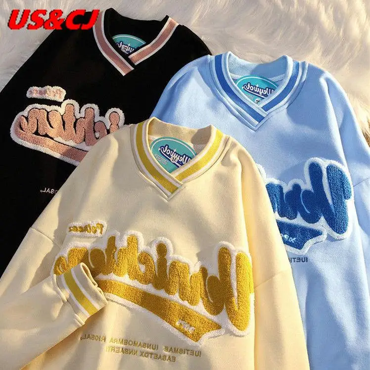 

Fashion Letter Embroidery V-Neck Pullover 2021Autumn Korean Harajuku Loose Top Preppy Style Sweatshirt Pullover High Street Girl