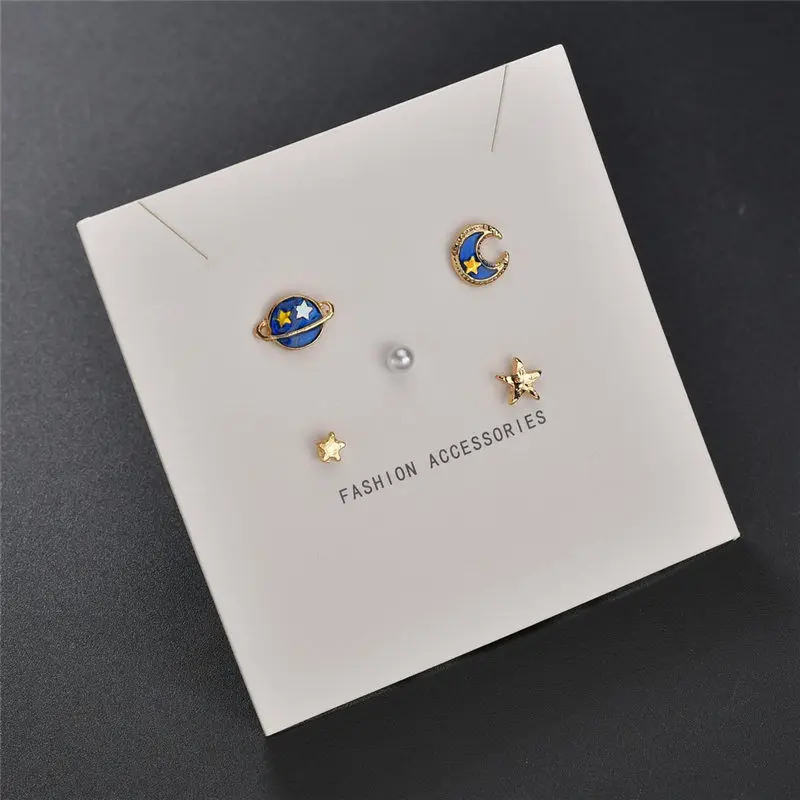 Модные милые синие хрустальные планета Луна Звезда мини серьги гвоздики набор