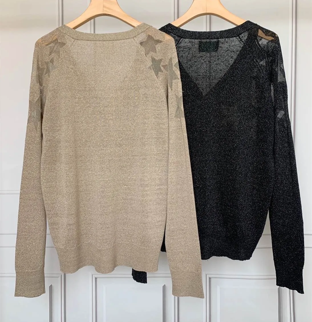 2021 Spring Autumn New Fashion V-neck Digital Pentagram Design Blazed Gold and Silver Thread Linen Knitted Cardigan Top Z1