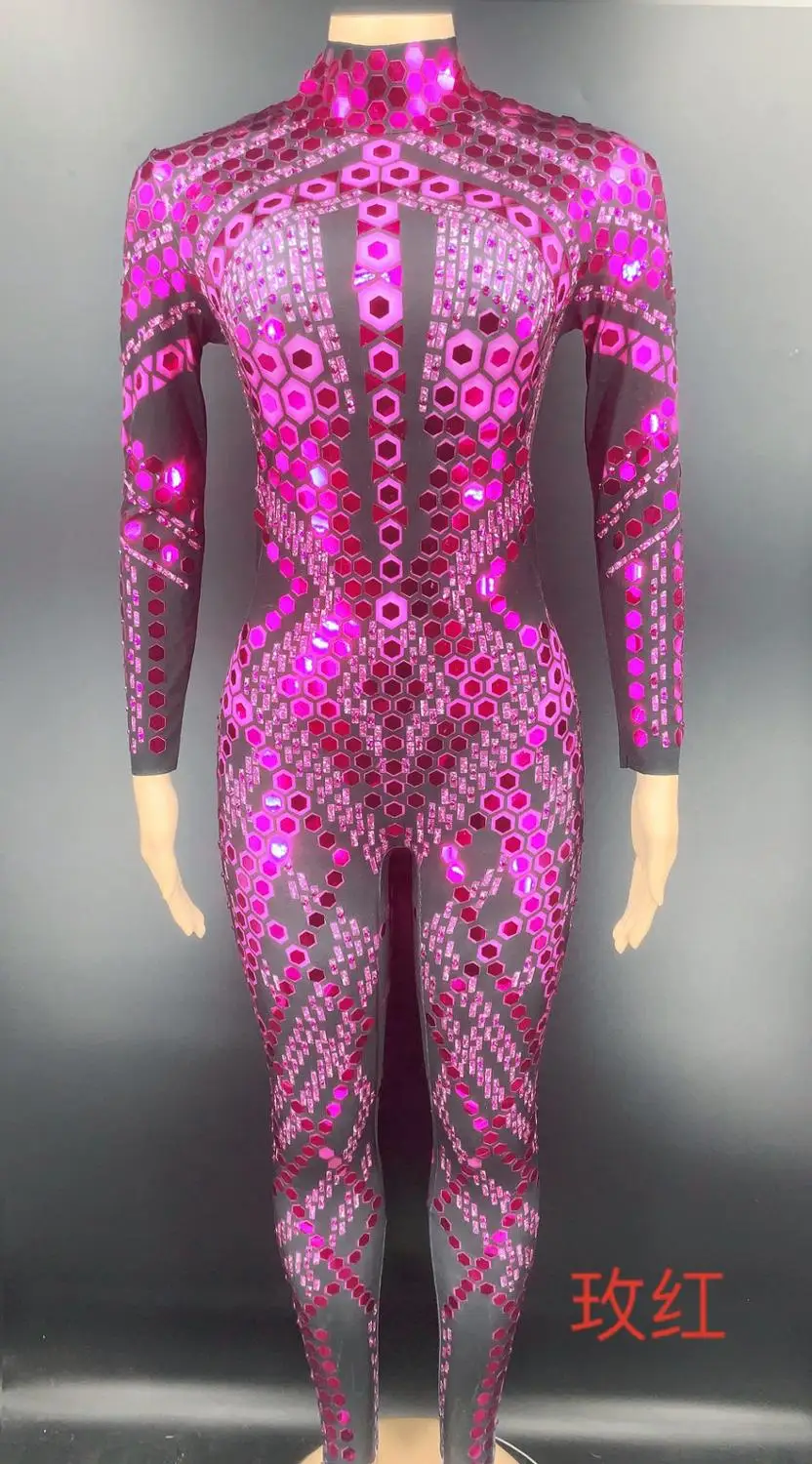 Shining Rhinestones Purple Red Tassels Bodysuit Female Costume Sexy Backless Stretch Bodysuits Bar DJ Singer Performance Outfit