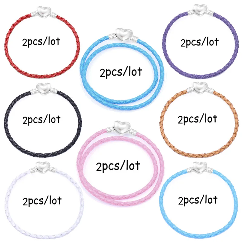

2Pcs/Lot New Arrival Fashion Heart Shape Leather Charm Bracelet Making For Women DIY Colorful Snake Chain Bracelet Jewelry Gift