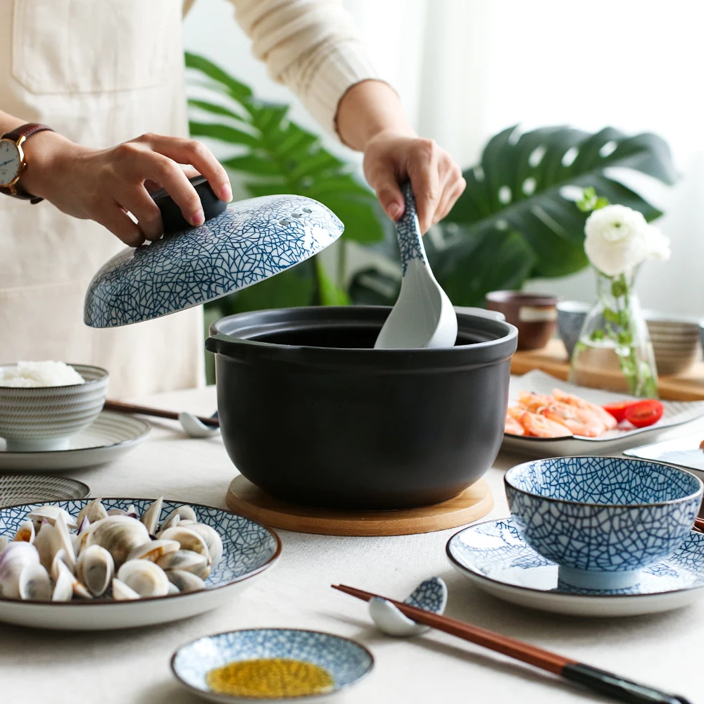 Underglaze Color Retro Japanese Household Ceramic Bowl Plate Dish Tableware And Casserole Set