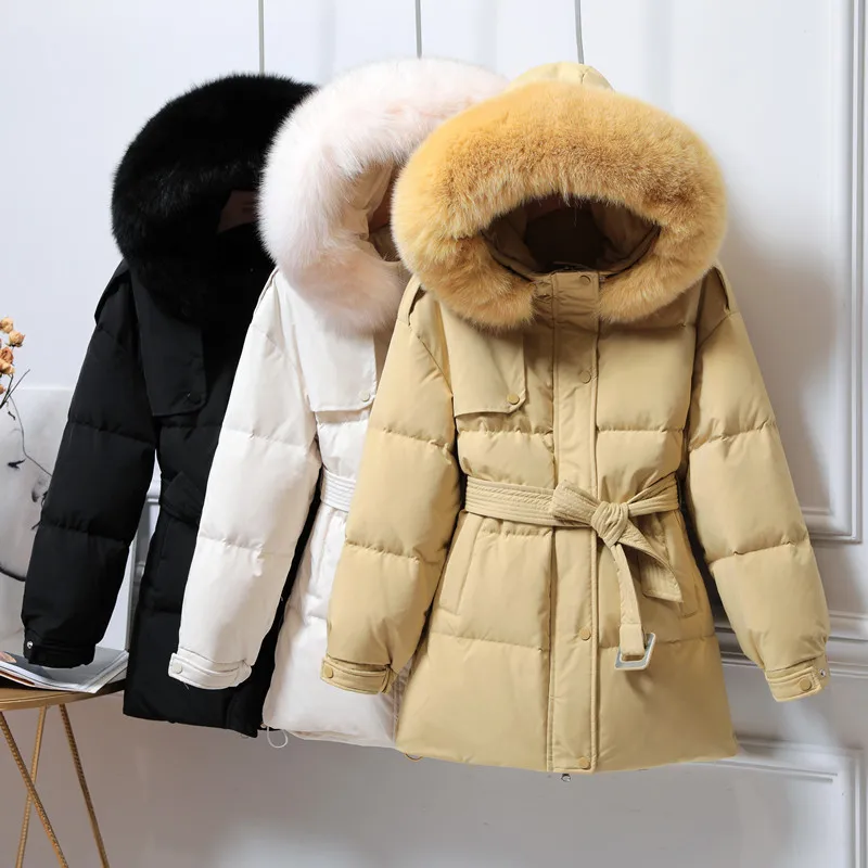 

New Winter Women's Down Jacket Fashion Fox Fur Collar Waist White Duck Down Jacket Women Outdoor Leisure Short Cotton Jacket