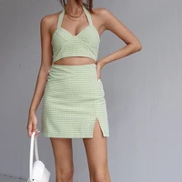 summer women green 2 two piece set halter neck sleeveless y2k crop tops high waist sexy mini a line skirt 2021 plaid print suit