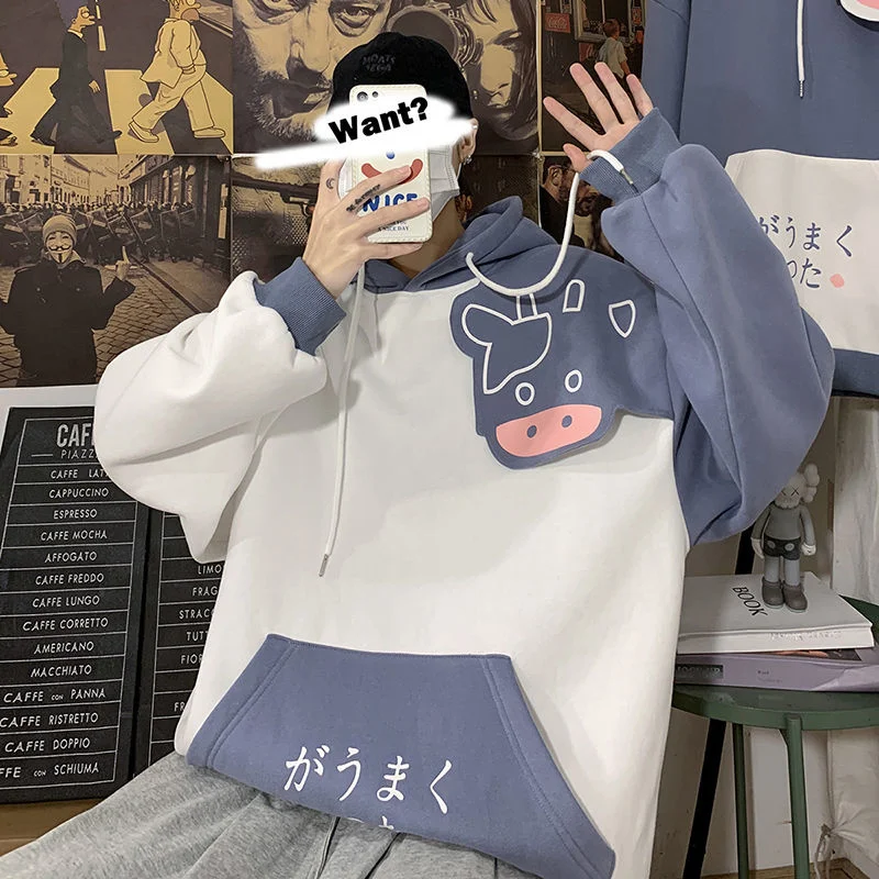 

KEMOY Dairy Cow Cute Graphic Women Hoodie Autumn Patchwork Japanese Style Female Oversized Sweatshirt Women's Clothing