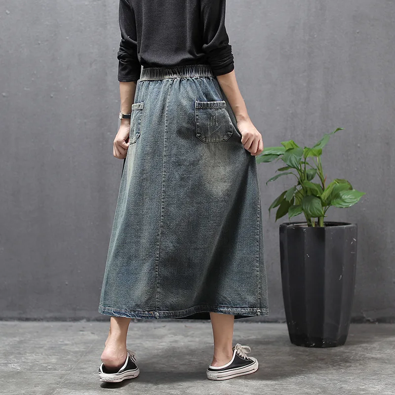 Осенне-зимняя юбка ретро Женская джинсовая с эластичной резинкой на талии 2019
