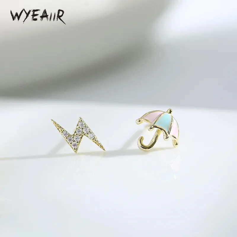 

WYEAIIR Creative Simplicity Personality Mini Umbrella Lightning Asymmetry 925 Sterling Silver Female Stud Earrings