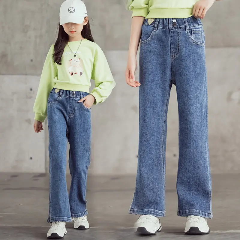 

Spring Autumn Girls Denim Pants Baby Trousers Kids Bottoms Clothes Children's Jeans Fashion Streetwear Wide Leg Pants 4-14Years