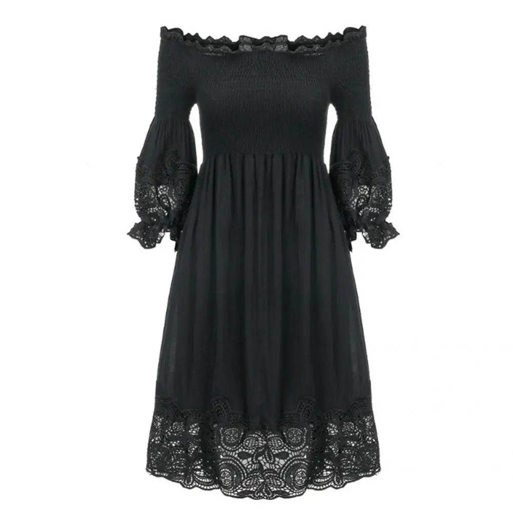 

Female Elegant Ladies 3/4 Sleeve Off Shoulder Dress Black Casual Dress Lace Stitching Daily Wear