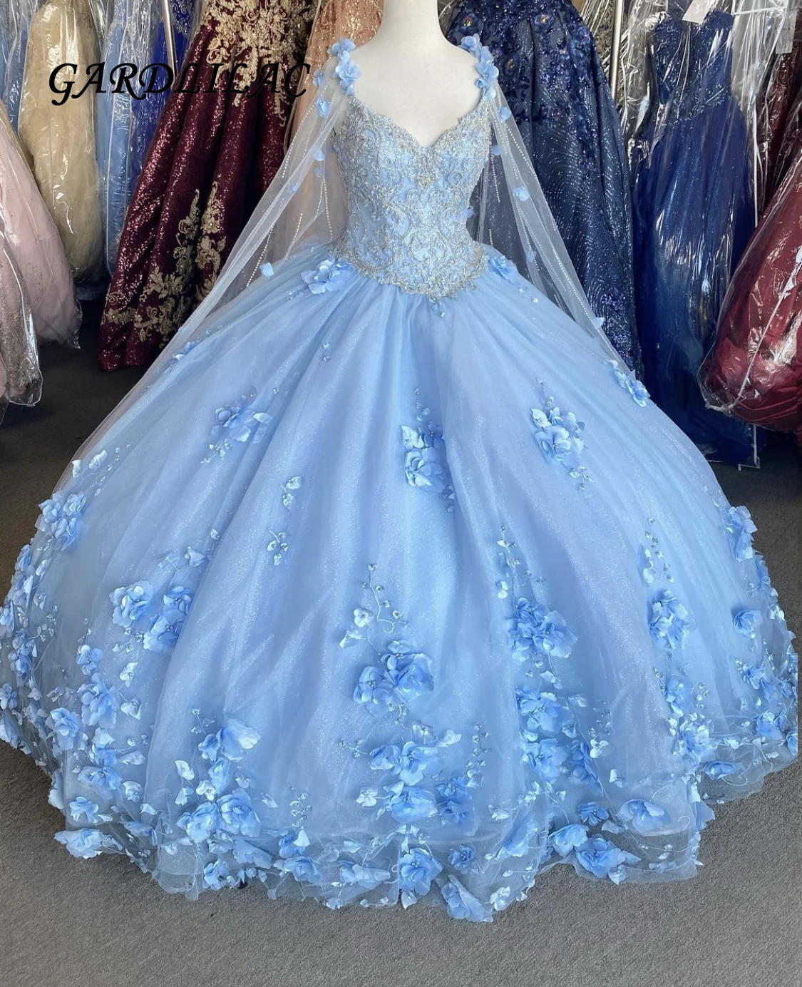 

Gardlilac Light Blue Quinceanera Dress 2021 3D Flowers Off The Shoulder Ball Gown Puffy Princess Sweet 16 Vestidos De 15 Años