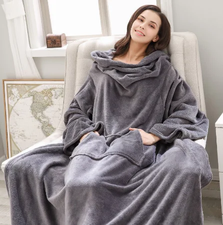 

New Warm Blanket Long Coral Fleece Blanket with Sleeves Coral Fleece Pocket Blanket Adult Winter Wash Flannel Blankets Robe