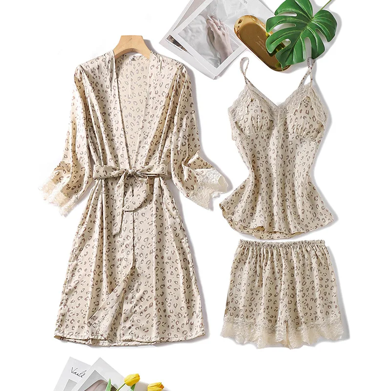 Leopard Pajamas Set Faux Silk Women Sexy Lace Summer Sleepwear Sling and Shorts Satin Lady Pyjamas Homewear Bathrobe Set