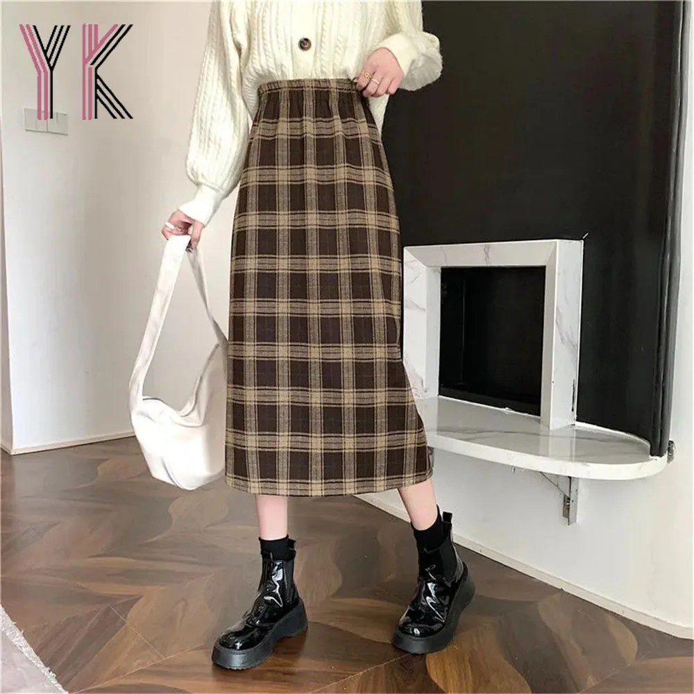 

Wool Blends Elastic Band High Waist Plaid Slit Women Midi Skirts Korean Fashion Casual Wrap Straight Skirts Vintage Autumn Saia