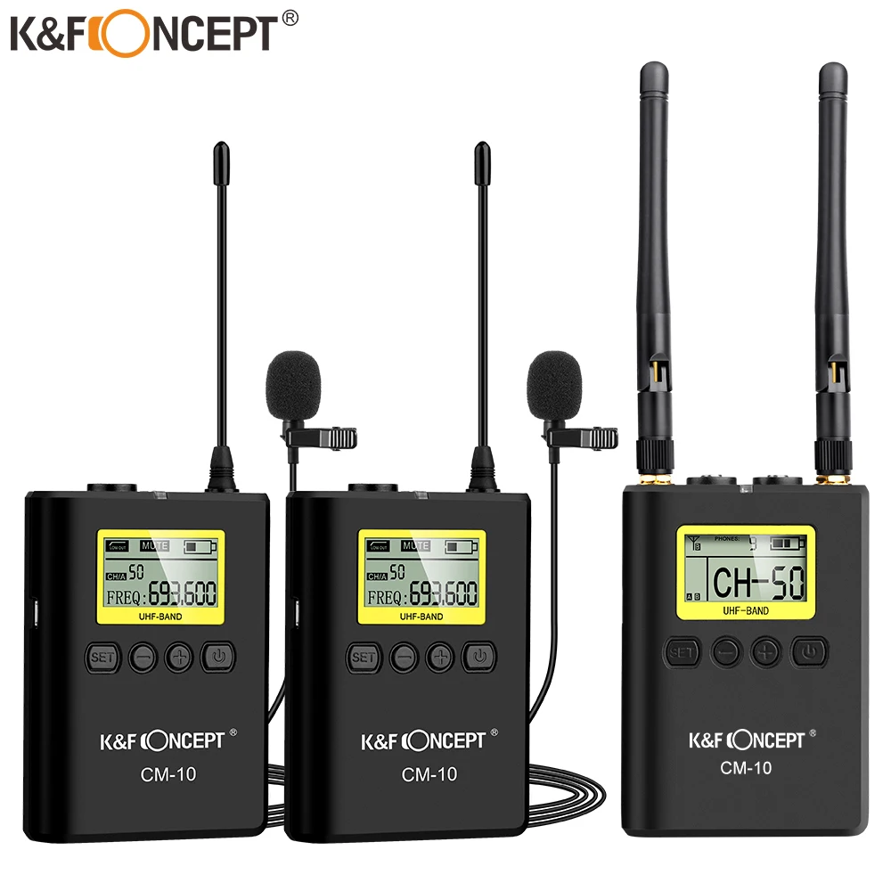 K & F Concept 100 каналов UHF беспроводной микрофон набор с 2 передатчиками и 1 портативный